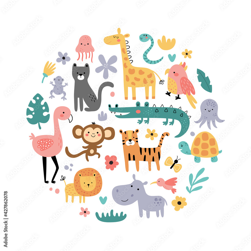 vector illustration of jungle animals in circle