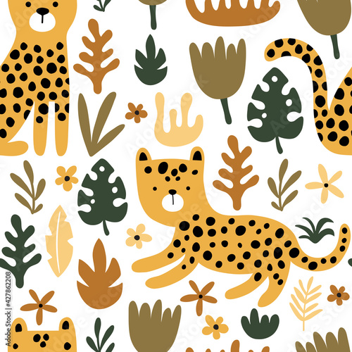 vector seamless pattern with cheetah and leaves