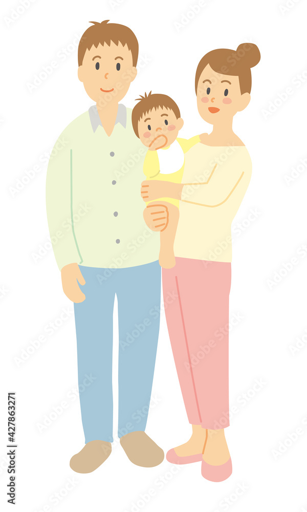 赤ちゃんを抱っこする父母、３人家族