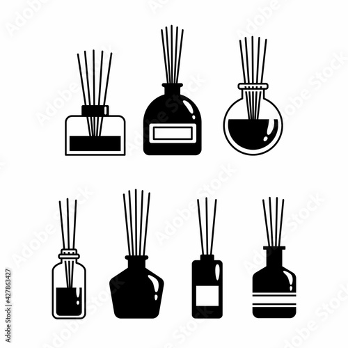 aromatherapy sticks in a glass bottle, vector set of black diffuser icons on white background