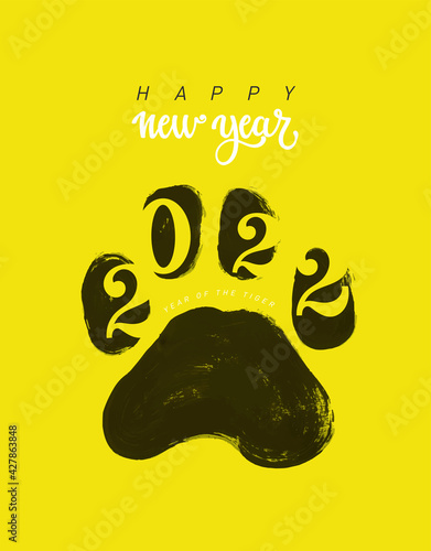 Tiger footprint with New Year numbers 2022. Happy New Year greeting card. 2022 is the year of the yellow tiger in the chinese calendar. Hand drawn paw footprint. Vector illustration.