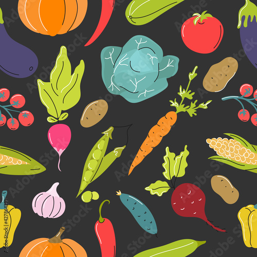 Raw vegetables, cabbage, carrots, tomatoes, beets on a dark gray background. Vector seamless pattern in flat style