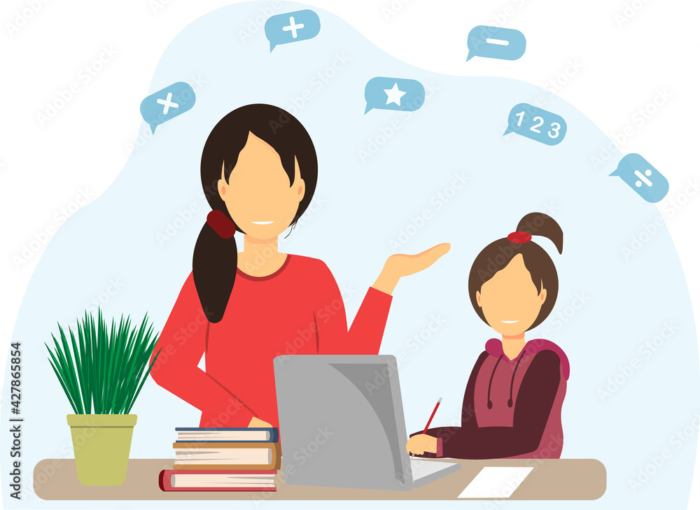 A woman and girl study lessons at the laptop, mother and daughter sitting at the computer, home education concept, flat vector illustration A woman and girl study lessons at the laptop, mother and daughter sitting at the computer, home education concept, flat vector illustration