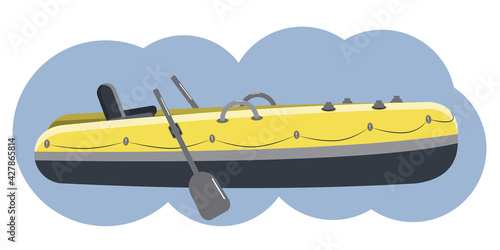 Vector inflatable boat in yellow-blue colors. Illustrative inflatable boat for fishing and recreation isolated on white background. Marine theme.