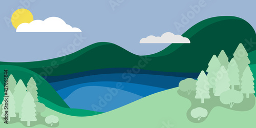 Vector background in blue-green colors. Clean lake in the mountains during the day. Flat illustration.