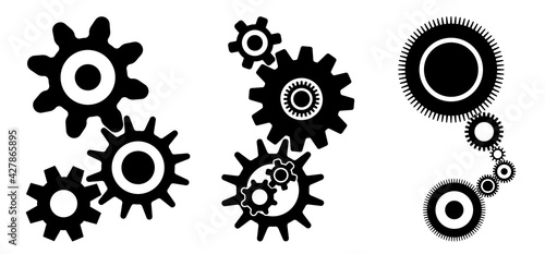 Black cogwheels set vector design.  Gears set graphic to use in technology, business, mechanics and engineering projects.