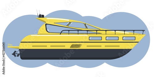 Vector speed yacht in yellow-blue colors. Illustrative speed yacht isolated on a white background. Marine theme.