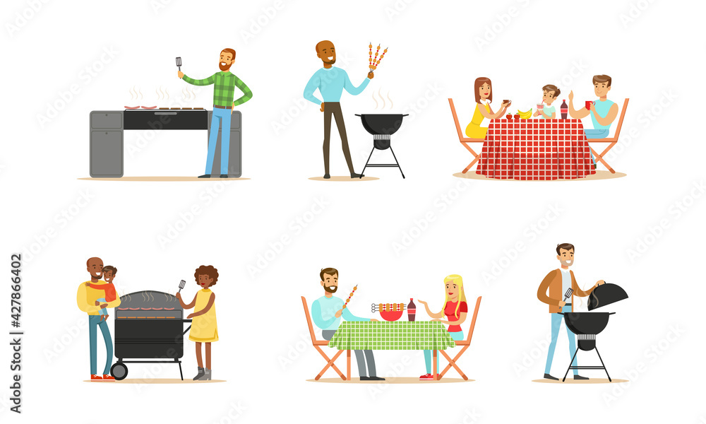 Family on BBQ Party Set, People Preparing Barbecue Grill Outdoors Cartoon Vector Illustration