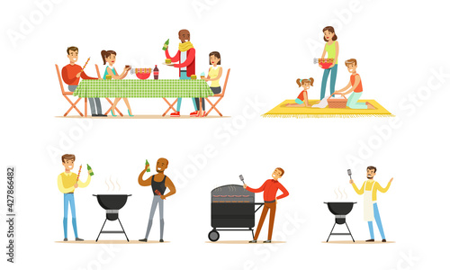 Happy Families Having Picnic Set, People Preparing Barbecue Grill Outdoors Cartoon Vector Illustration