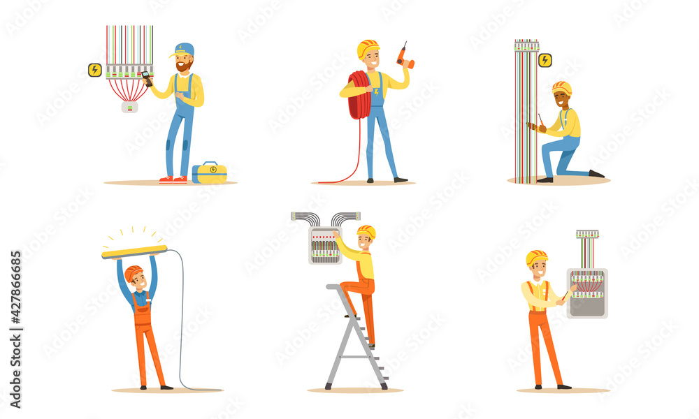 Professional Electricians at Work Set, Electrician Engineers in Uniform and Hardhat Installing and Repairing Electrical Equipment Vector Illustration Professional Electricians at Work Set, Electrician Engineers in Uniform and Hardhat Installing and Repairing Electrical Equipment Vector Illustration