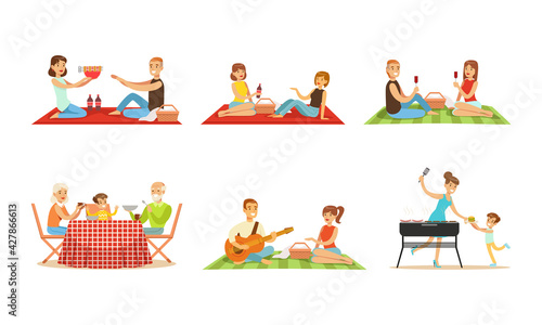Families and Friends on BBQ Party or Picnic Set, People Preparing Barbecue Grill Outdoors Cartoon Vector Illustration