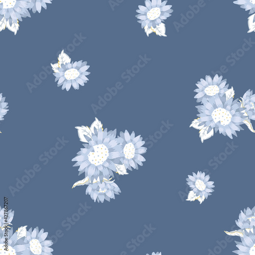 Vector Monochromatic Blue Sunflower Bouquets seamless pattern background. Perfect for fabric, scrapbooking and wallpaper projects.