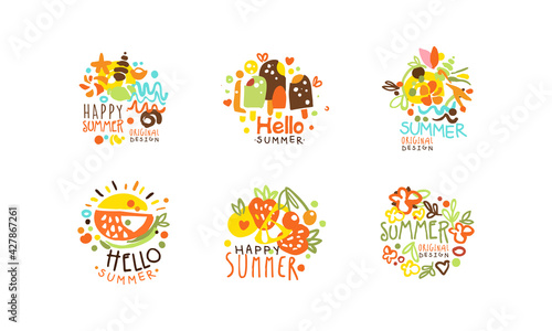 Hello Summer Logo Templates Collection, Summer Vacation, Sale, Tropical Resort Hand Drawn Badges Vector Illustration