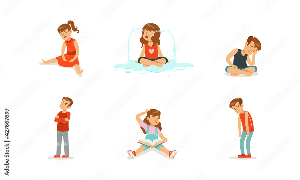 Sad Depressed Children Set, Unhappy Stressed Lonely Kids Cartoon Vector Illustration