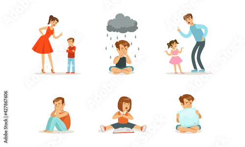 Sad Depressed Children Set, Unhappy Stressed Lonely Kids, Conflict with Parents, Father and Mother Scolding Child Cartoon Vector Illustration