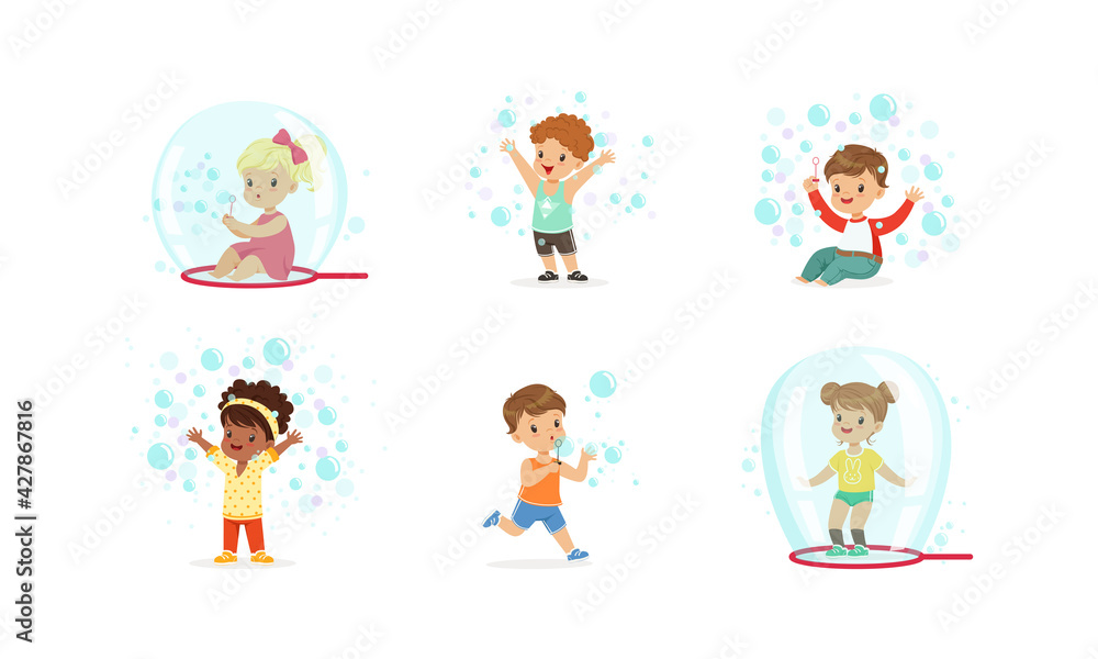Happy Lovely Kids Playing Soap Bubbles Set, Cute Boys and Girls Blowing Out Bubbles and Sitting Inside It Cartoon Vector Illustration