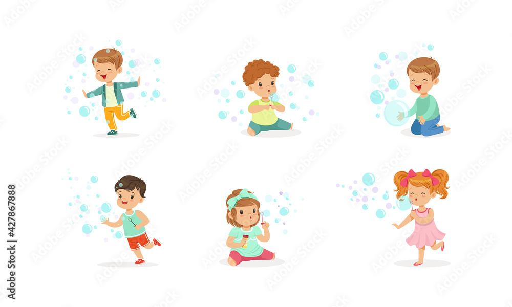 Cute Kids Playing Soap Bubbles Set, Adorable Boys and Girls Blowing Out Bubbles, Children Having Fun at Holiday or Birthday Party Cartoon Vector Illustration