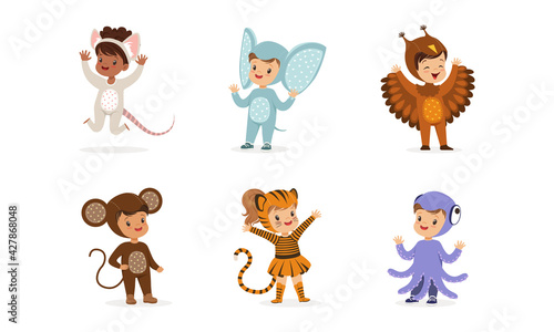 Fototapeta Naklejka Na Ścianę i Meble -  Cute Adorable Kids Wearing Animal Costumes Set, Mouse, Elephant, Owl, Monkey, Tiger, Octopus Cartoon Vector Illustration