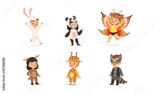 Cute Adorable Kids Wearing Animal Costumes Set, Rabbit, Panda, Butterfly, Deer, Giraffe, Raccoon Cartoon Vector Illustration