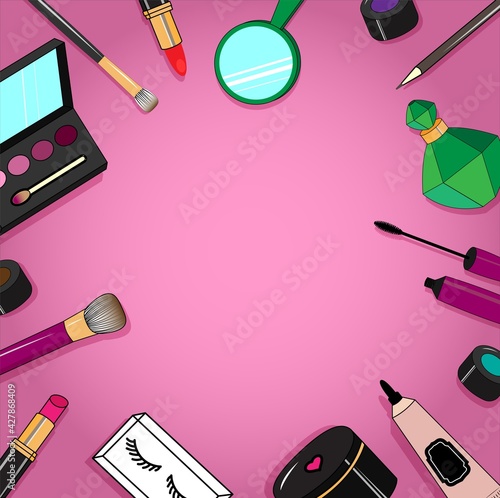 Fashionable cosmetics horizontal background with makeup artist objects . Vector drawn illustration with place for text.