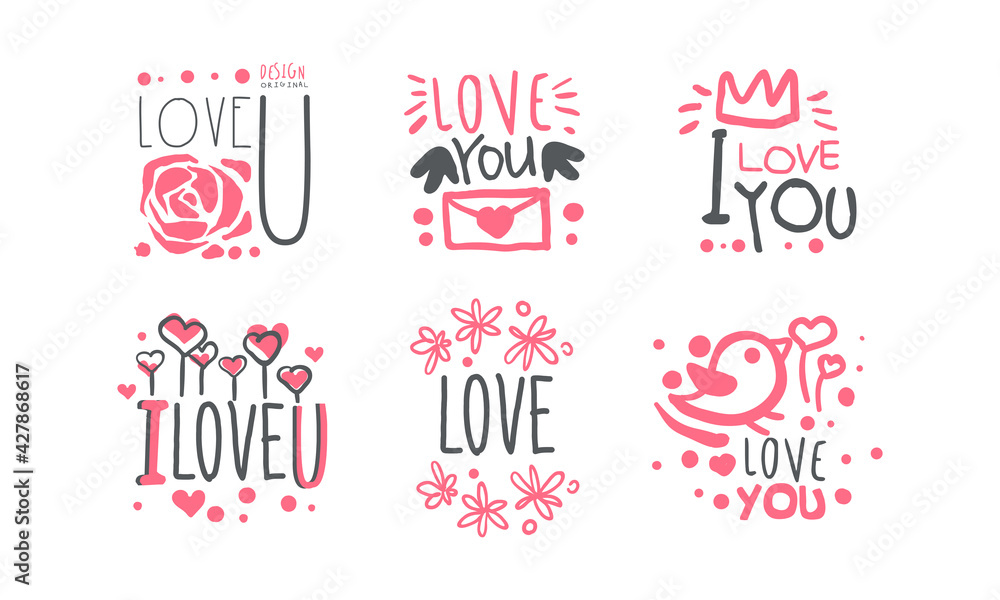 Fototapeta premium I Love You Labels Design Templates Set, Holiday, Romantic Date Red and Black Hand Drawn Badges Cartoon Vector Illustration