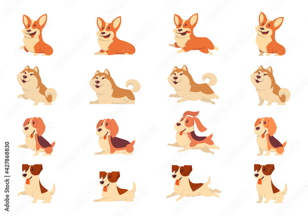 Obraz premium Set of dogs in different poses. Corgi, Akita Inu, Beagle and Jack Russell Terrier in cartoon style.