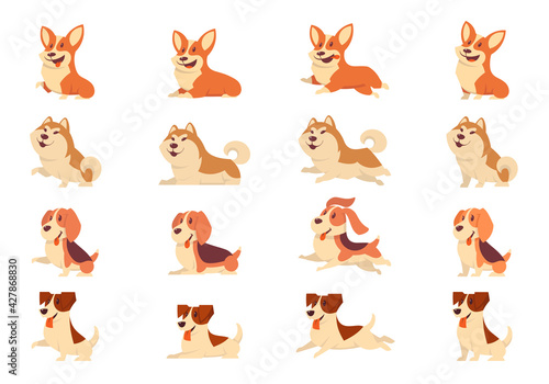 Fototapeta Naklejka Na Ścianę i Meble -  Set of dogs in different poses. Corgi, Akita Inu, Beagle and Jack Russell Terrier in cartoon style.