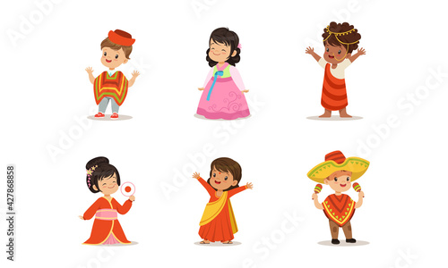 Cute Kids in National Costumes of Different Countries Set, Boys and Girls Wearing Korean, Indian, Korean, Japanese, Mexican Clothes Cartoon Vector Illustration