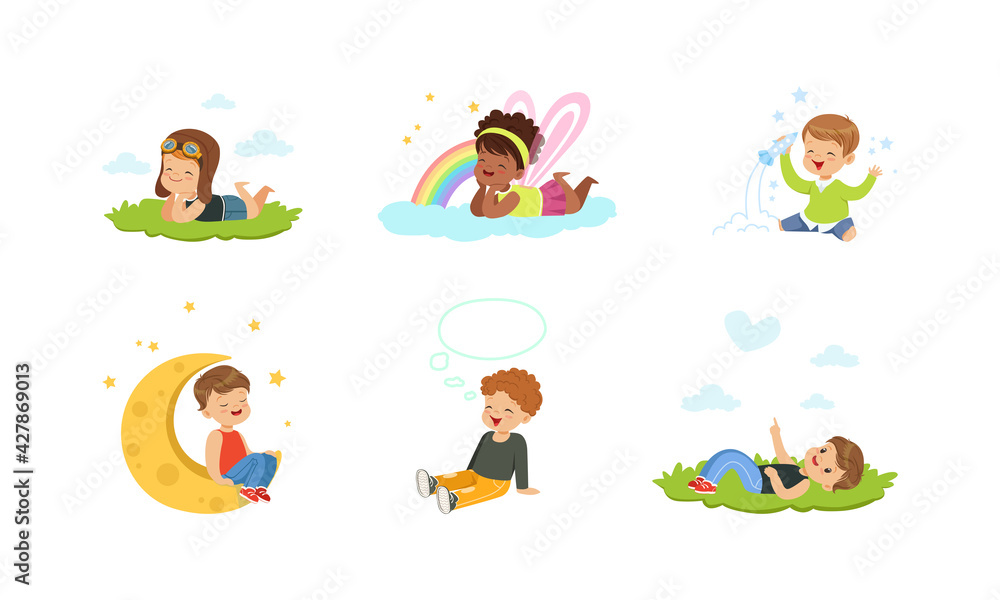 Fototapeta premium Kids Imagination and Fantasy Concept, Adorable Little Boys and Girls Dreaming about Future Profession, Playing in Fantasy World Cartoon Vector Illustration