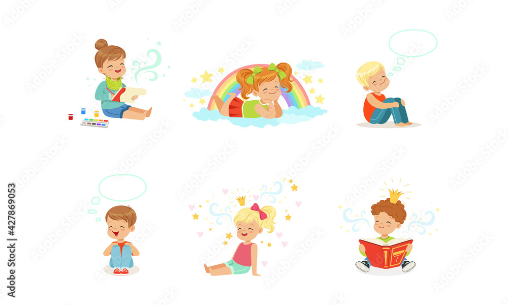 Kids Imagination and Fantasy Concept, Adorable Little Boys and Girls Dreaming about Something with Speech Bubbles over their Heads Cartoon Vector Illustration Kids Imagination and Fantasy Concept, Adorable Little Boys and Girls Dreaming about Something with Speech Bubbles over their Heads Cartoon Vector Illustration