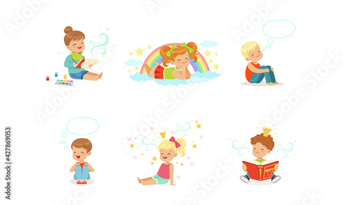 Kids Imagination and Fantasy Concept, Adorable Little Boys and Girls Dreaming about Something with Speech Bubbles over their Heads Cartoon Vector Illustration