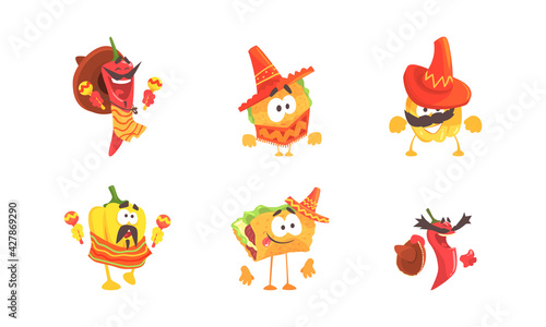 Traditional Mexican Food Characters Set, Funny Hot Chilli Pepper, Taco in National Clothes Cartoon Vector Illustration