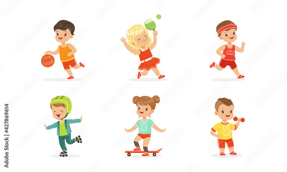 Cute Little Kids Doing Sports Set, Little Boys and Girls Exercising with Dumbbells, Playing Ball, Tennis, Rollerblading, Skateboarding Running Cartoon Vector Illustration