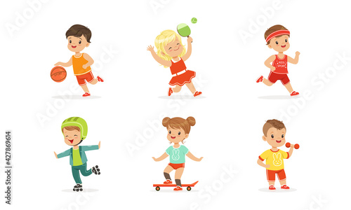 Cute Little Kids Doing Sports Set, Little Boys and Girls Exercising with Dumbbells, Playing Ball, Tennis, Rollerblading, Skateboarding Running Cartoon Vector Illustration