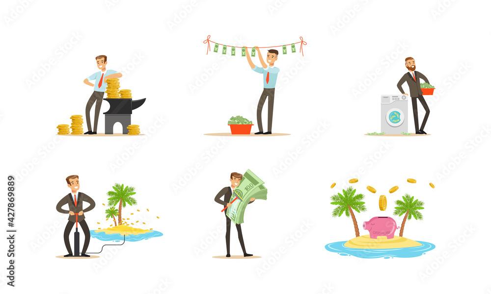 Set of Money Laundering, Unfair Business People Washing Banknotes, Using Offshores, Financial Fraud Cartoon Vector Illustration