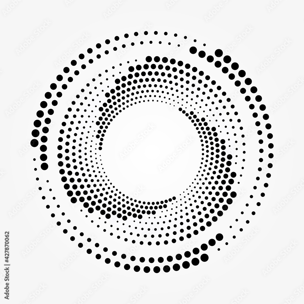Abstract background with halftone. Dotted round logo. Halftone swirl object. Halftone dots circle texture. Abstract circle pattern. Vector art illustration. Halftone design element.