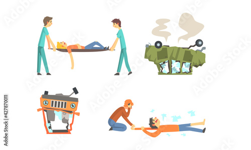 Road Traffic Accident, Paramedics Rescuing and Transporting Injured Patient to Hospital on Stretcher Cartoon Vector Illustration