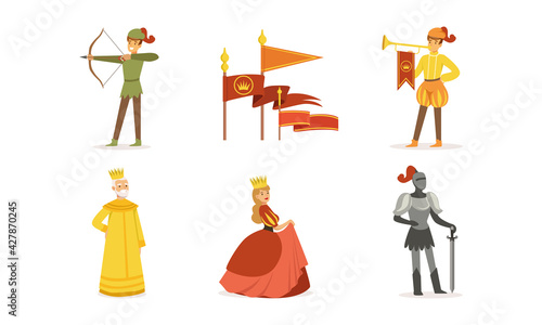 Medieval Kingdom Set, European Middle Ages or Fairy Tale Characters, Archer, Herald, King, Queen, Knight Cartoon Vector Illustration