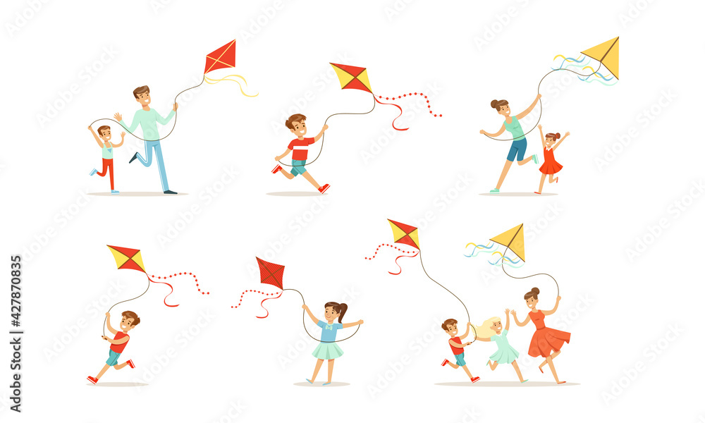 Children Having Fun with Kites Outdoors Set, Parents and Kids Playing Kite in Park Cartoon Vector Illustration