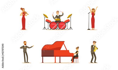 Classical Musicians and Singers Characters Collection, Artists Playing Musical Instruments and Singing Cartoon Vector Illustration