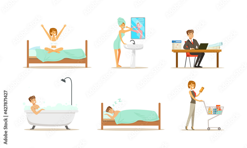 People Daily Routine Set, Man and Woman in Everyday Life, People Sleeping, Bathing, Working Cartoon Vector Illustration