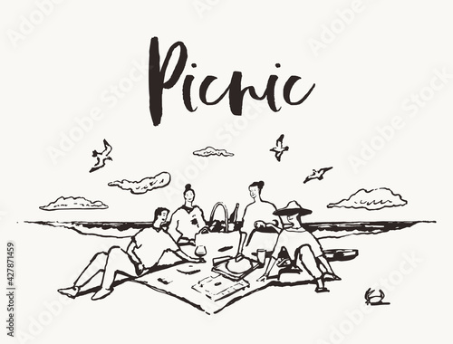 Happy friends siting beach rug picnic sea vector
