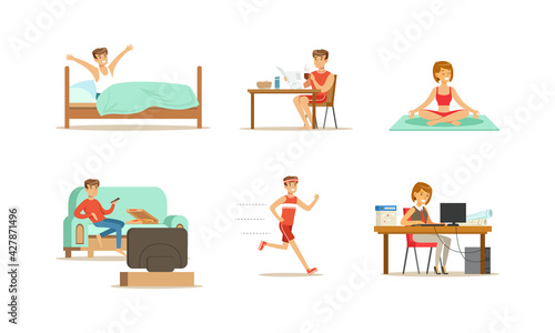 People Daily Routine Set, Man and Woman in Everyday Life, People Eating, Doing Sports, Working and Relaxing Cartoon Vector Illustration