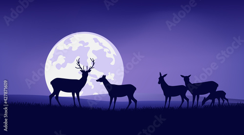 herd of wild deer and baby fawn grazing at night meadow with full moon in sky - wildlife vector scene background