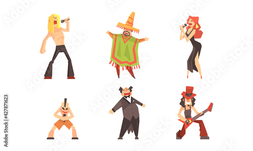 Set of People Playing Music and Singing in Different Genres and Styles Cartoon Vector Illustration