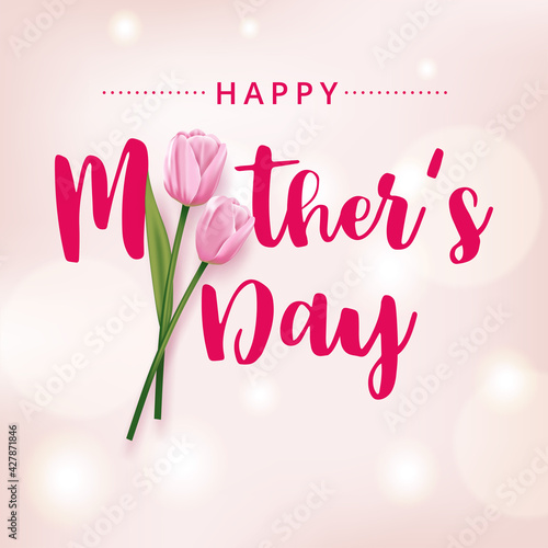 Fényképezés Happy mother's day card with pink tulips on a pink background