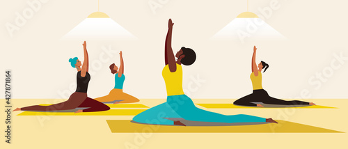 Afro yoga instructor, flat vector stock illustration with women while stretching for flexibility