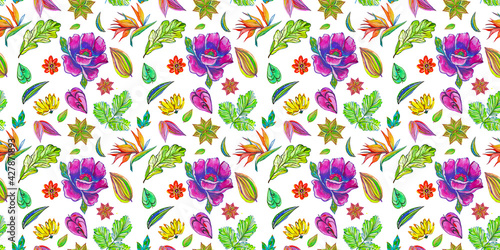 Seamless pattern on green background of fairy flowers. Flowers watercolor with colored pencils. For textile or wallpaper or case for fone.