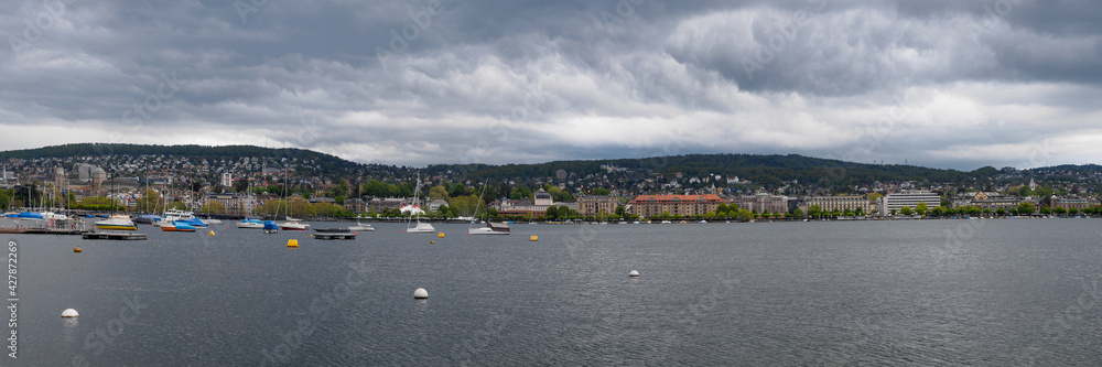 Panoramic view of Lake Zurich, cloudy autumn day, Canton Zurich, Switzerland