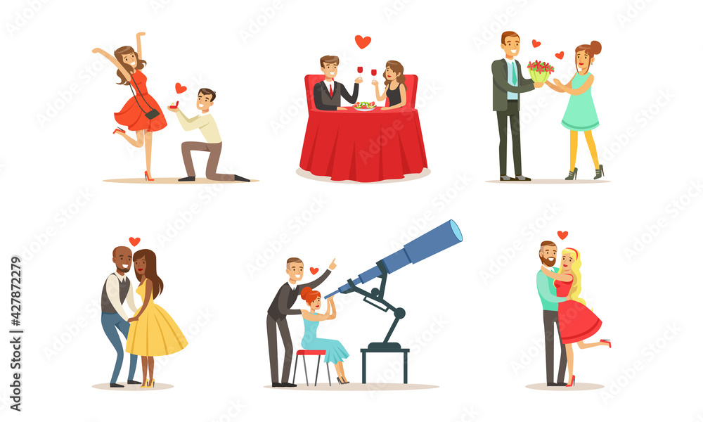Romantic Couples on Date Set, Young Men and Women Making Proposal, Embracing, Giving Flowers Cartoon Vector Illustration Romantic Couples on Date Set, Young Men and Women Making Proposal, Embracing, Giving Flowers Cartoon Vector Illustration